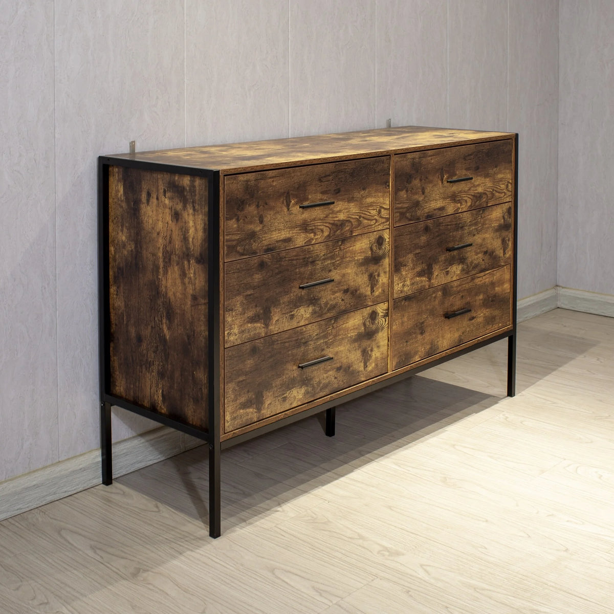 Rustic Brown Wood 6 Drawer Double Dresser E285354