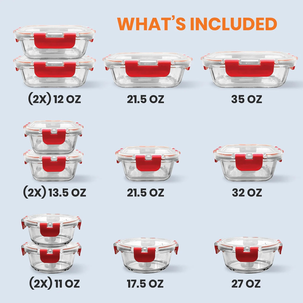 24-Piece Glass Food Storage Set with Locking Hinge Red Lids Y698