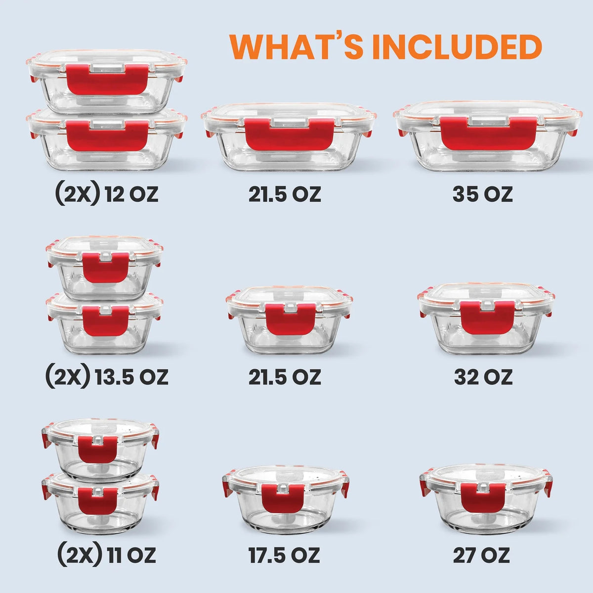 24-Piece Glass Food Storage Set with Locking Hinge Red Lids Y698