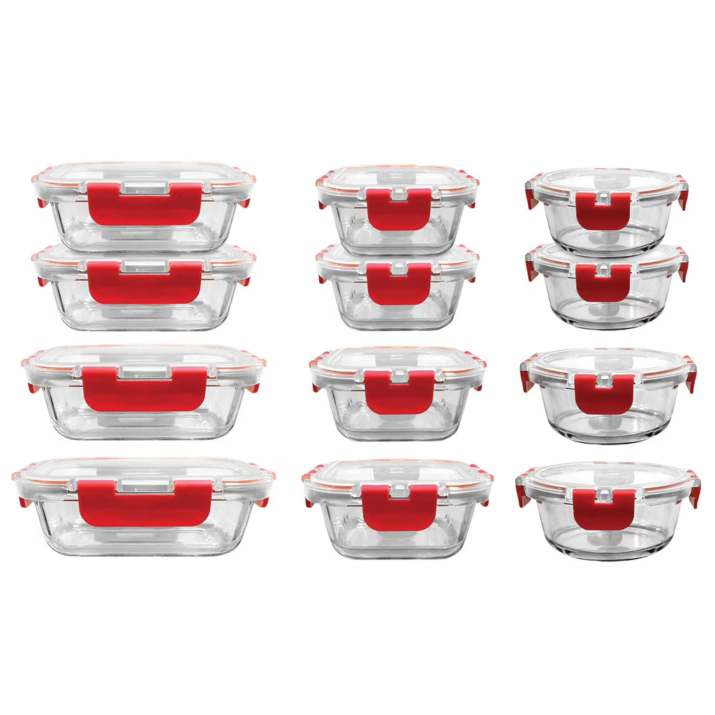 24-Piece Glass Food Storage Set with Locking Hinge Red Lids Y698