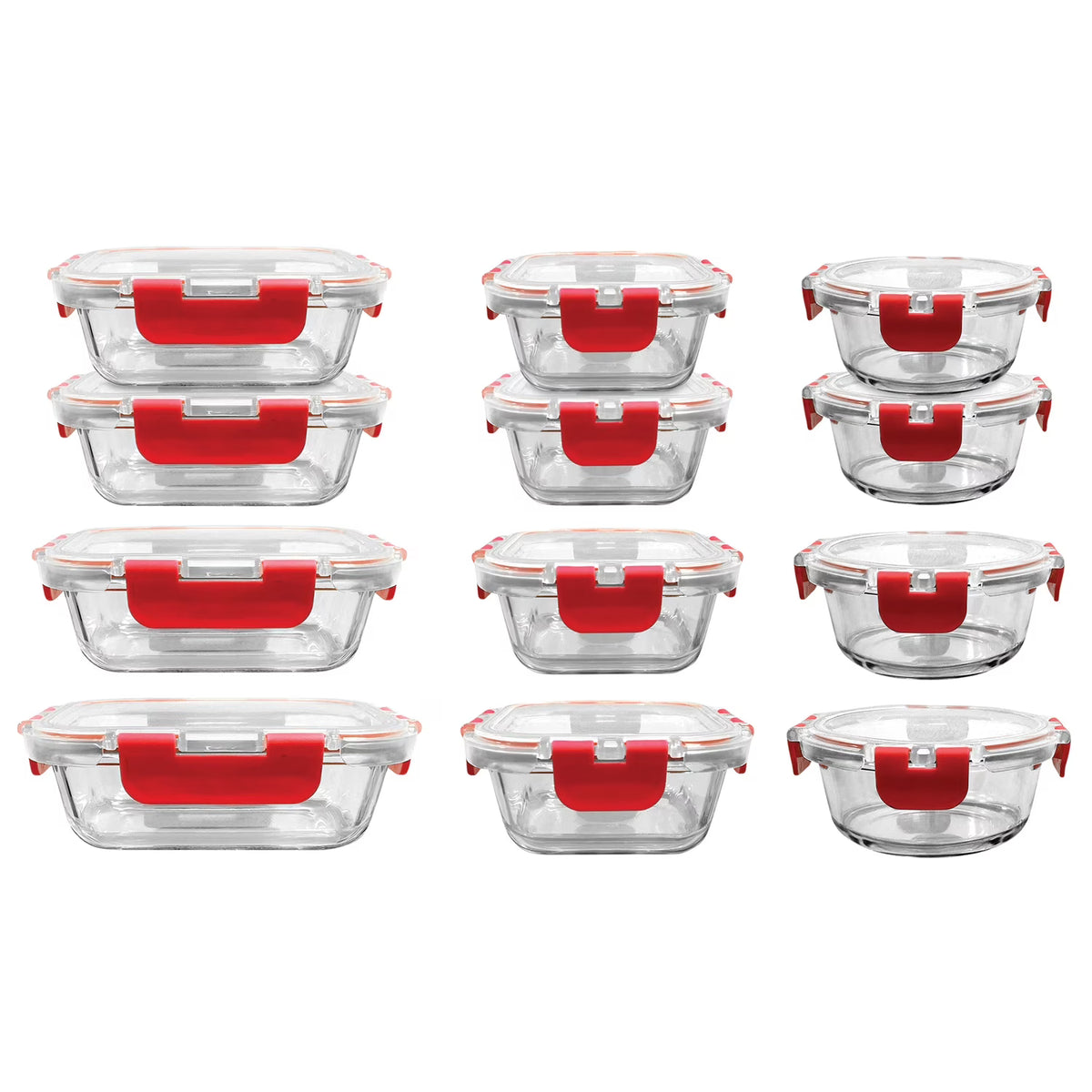24-Piece Glass Food Storage Set with Locking Hinge Red Lids Y698