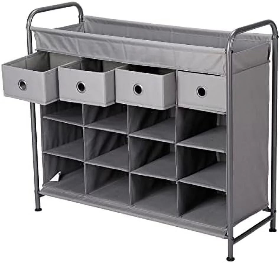 Grey 16 Cubby Shoe Rack Organizer with 4 Drawers B594