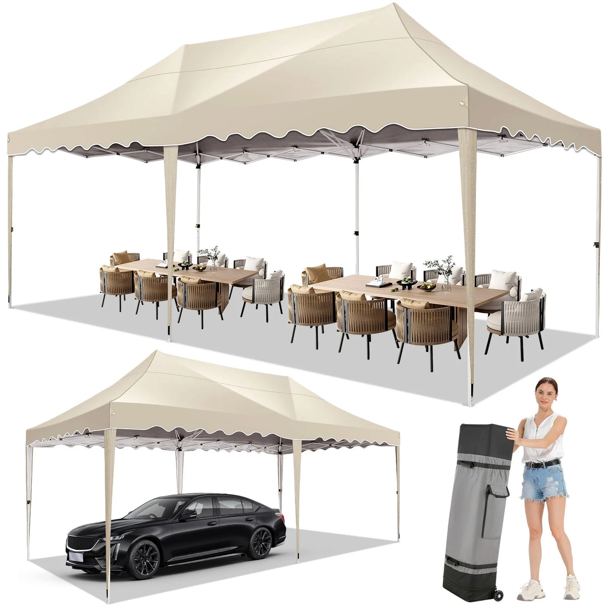 10' x 20' Pop Up Canopy Party Tent with Carry Bag, Khaki K1521