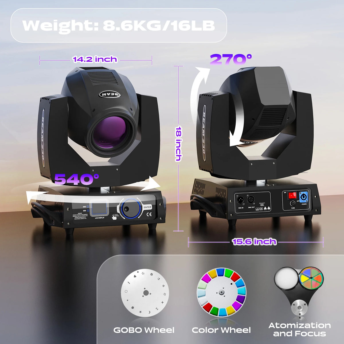 2 Pack 230W Beam Moving Head Light 8 Prisms 17 Gobos RGBW LED DJ Lighting 16CH DMX Control N3376