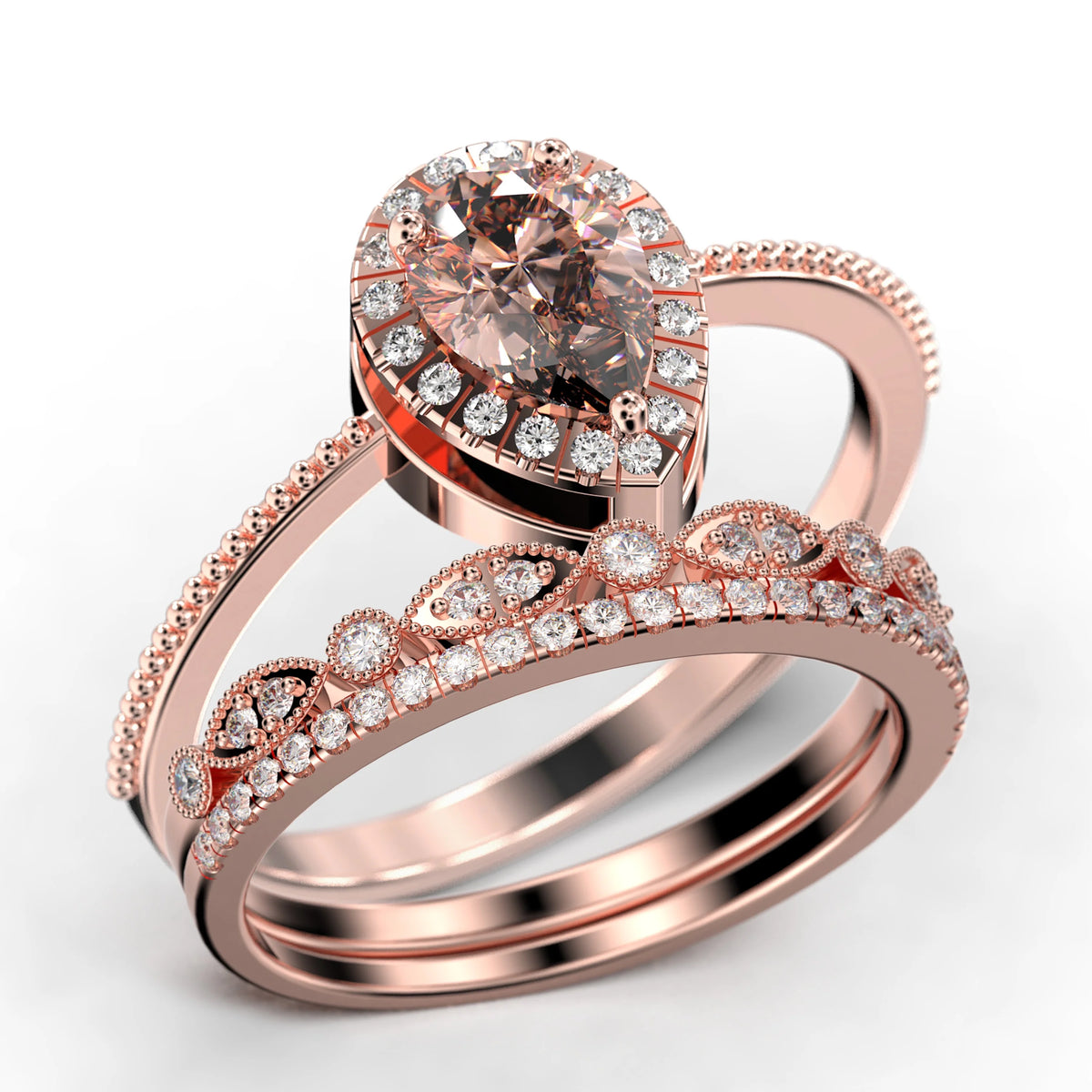 Vintage Pear Cut Morganite And Diamond Moissanite Engagement Ring Set in 925 Sterling Silver With 18k White Gold Plating N6698
