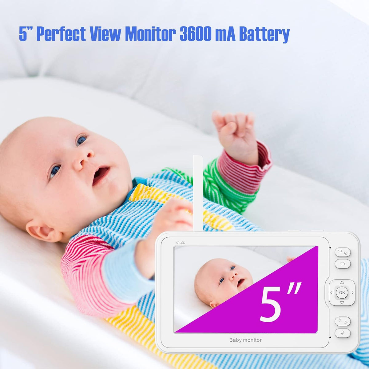 Baby Monitor with Camera and Audio, 5 HD Monitors, No WiFi/App, Night Vision, Sound and Temperature Detection, Twist Mount O5932