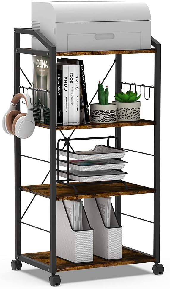 4-Tier Mobile Printer Stand Utility Cart Wooden Adjustable Shelves with 8 Hooks Caster Wheels C587735