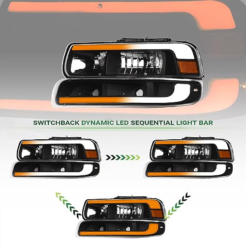 Sequential LED Strip Tube Bar Black Housing Crystal Headlights With Signal Bumper Lamps Amber Reflector 4-Pieces M992388