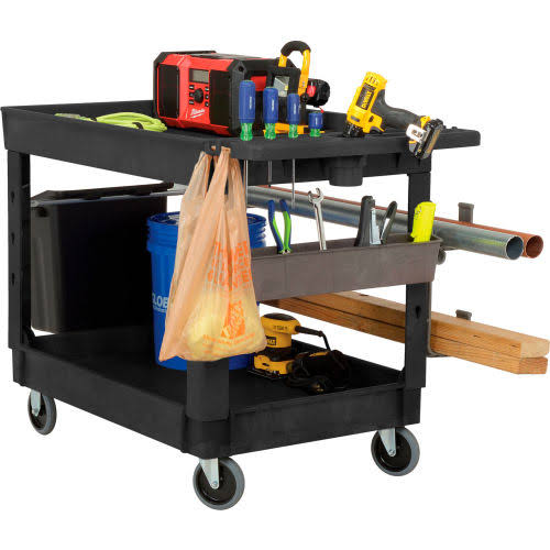 Industrial Utility Cart, Plastic 2 Tray Black Shelf, 5 inch Rubber Casters N69630
