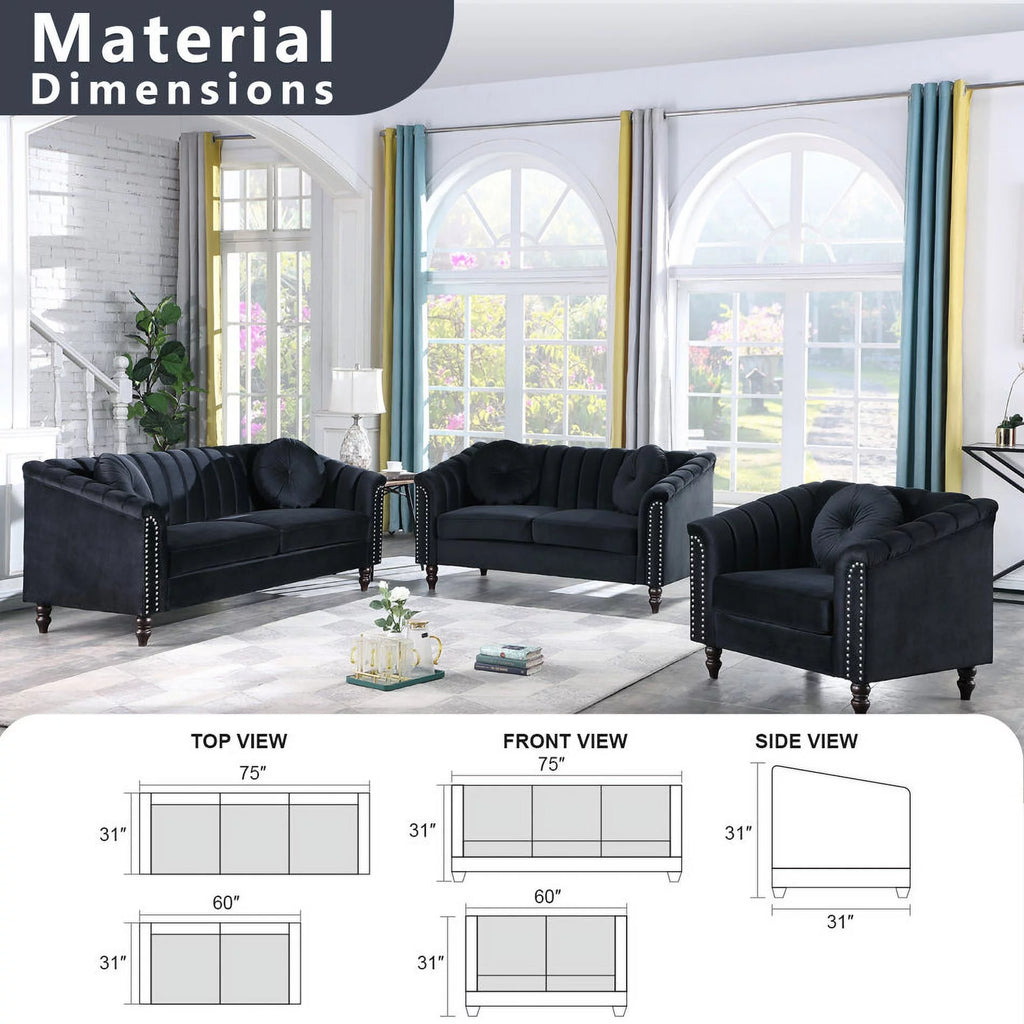 3 Piece Velvet Upholstered Sofa Loveseat and Chair O885