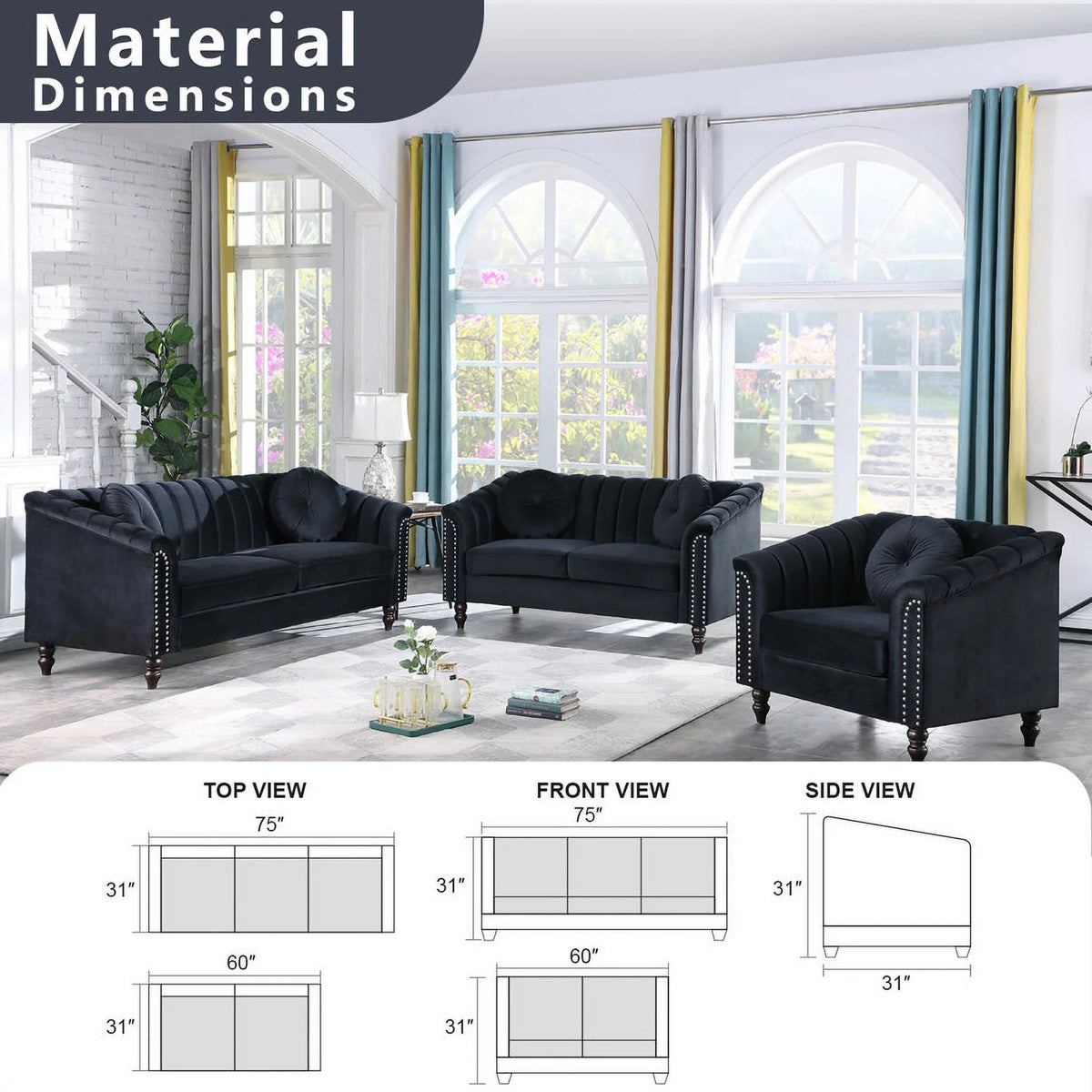 3 Piece Velvet Upholstered Sofa Loveseat and Chair O885