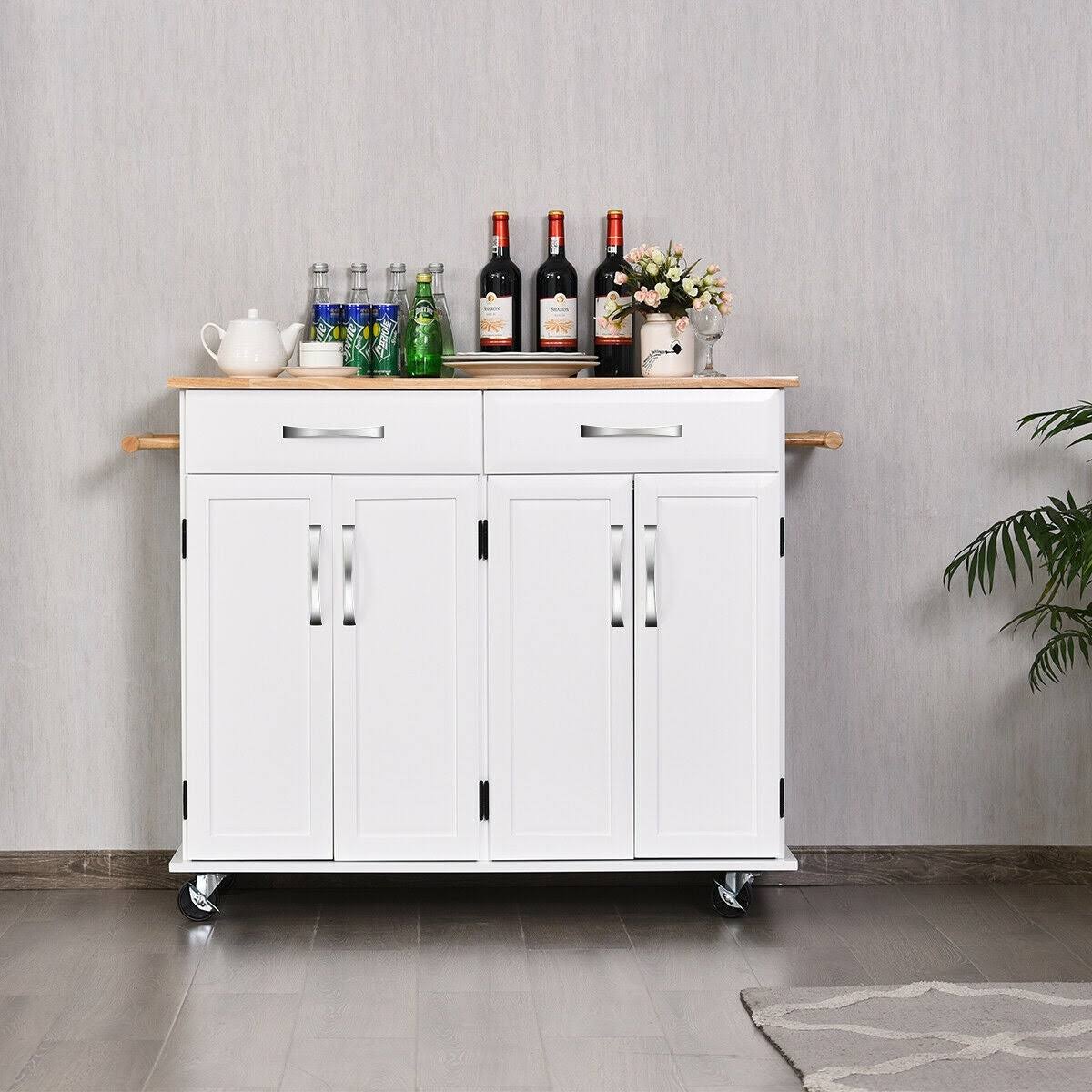 White Wood Top Rolling Kitchen Utility Cart D869