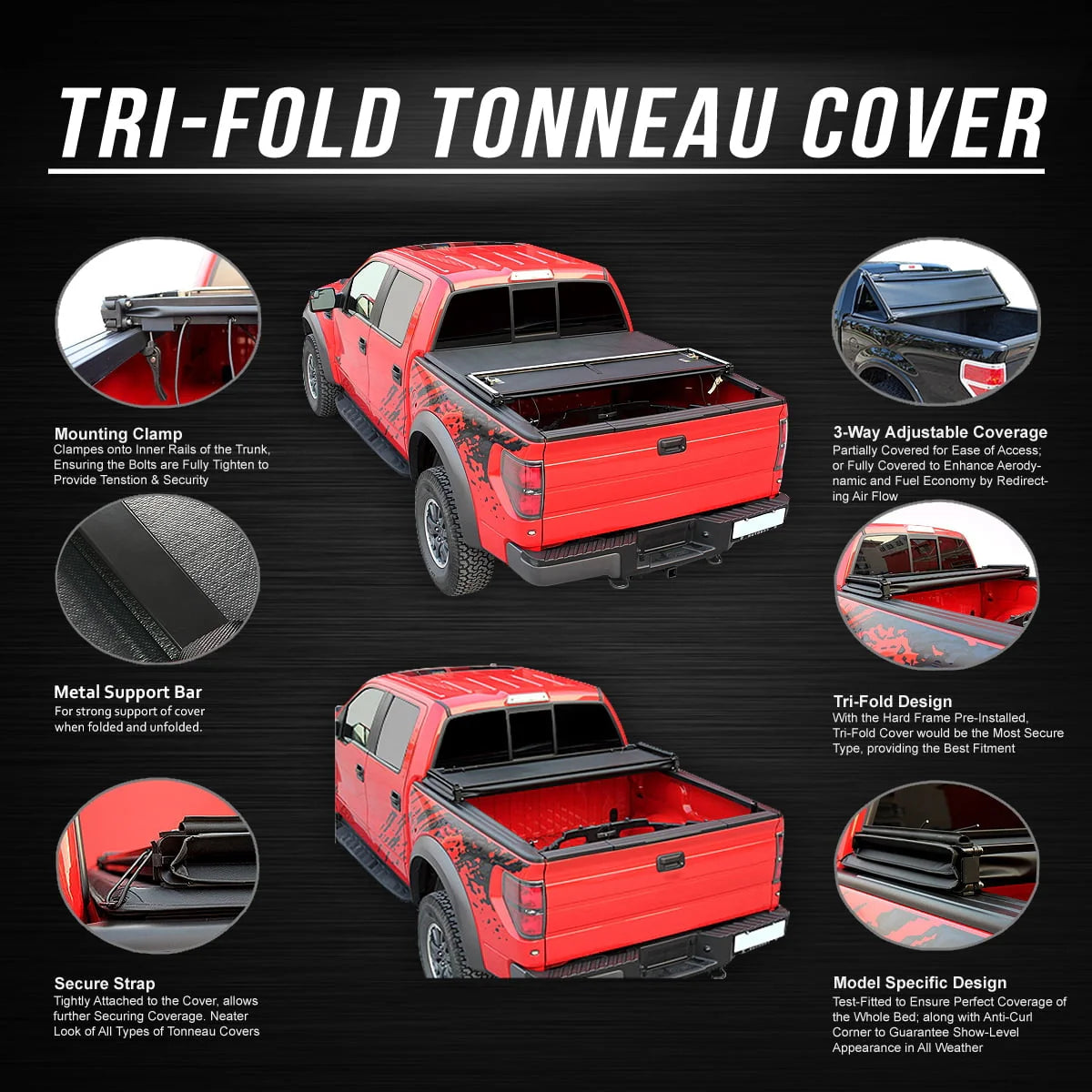 Adjustable Tri-Fold Soft Top Tonneau Cover K1701