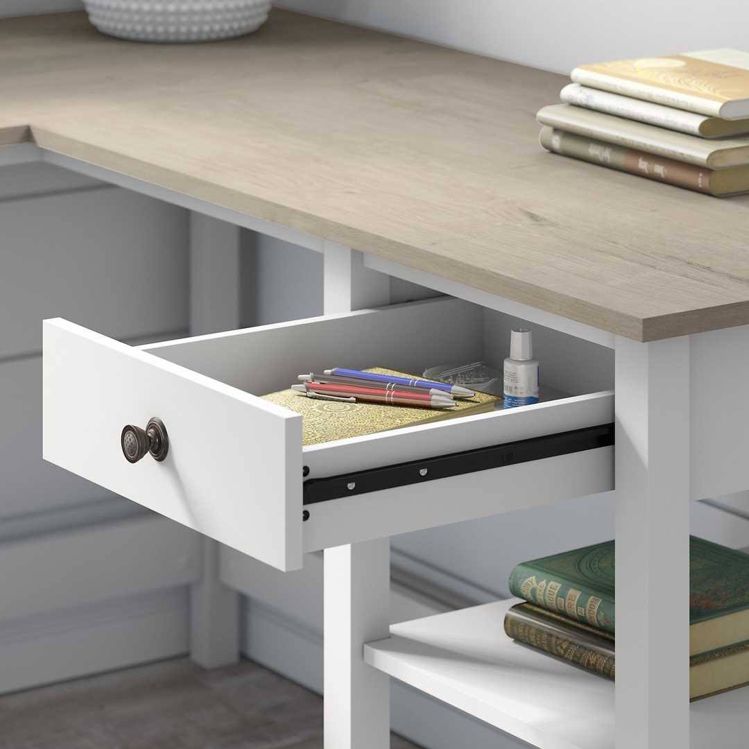 60W L Shaped Computer Desk with Storage and Mid Back Tufted Office Chair in Pure White and Shiplap Gray H39348
