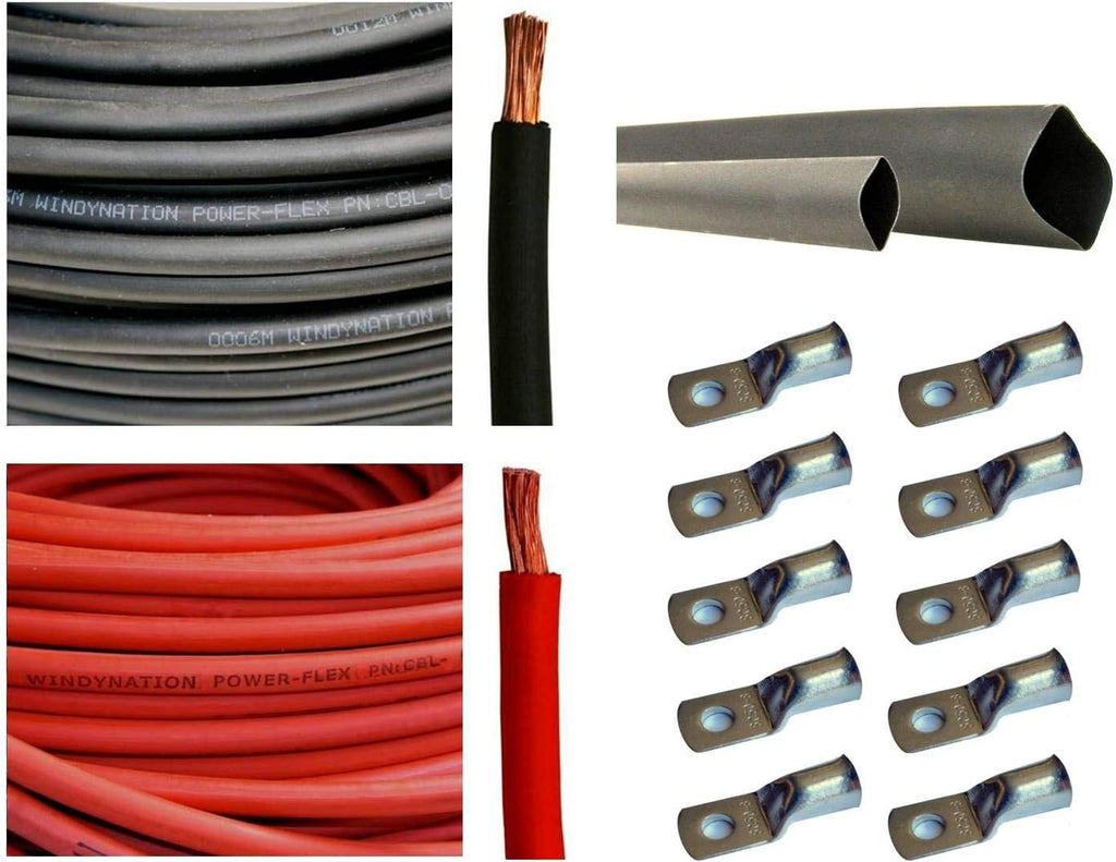 1/0 AWG 10 Feet Black Pure Copper Flexible Cable with Copper Cable Lug Terminal Connectors and Heat Shrink Tubing J15220