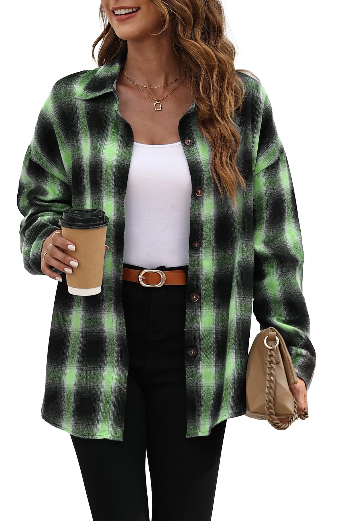Plaid Flannel Oversized Long Sleeve Button Down Shirt S580651