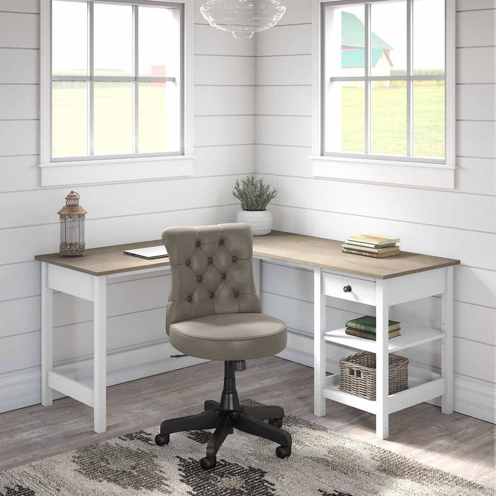 60W L Shaped Computer Desk with Storage and Mid Back Tufted Office Chair in Pure White and Shiplap Gray H39348