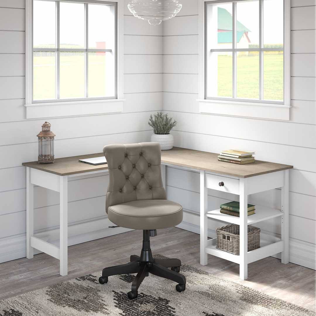 60W L Shaped Computer Desk with Storage and Mid Back Tufted Office Chair in Pure White and Shiplap Gray H39348