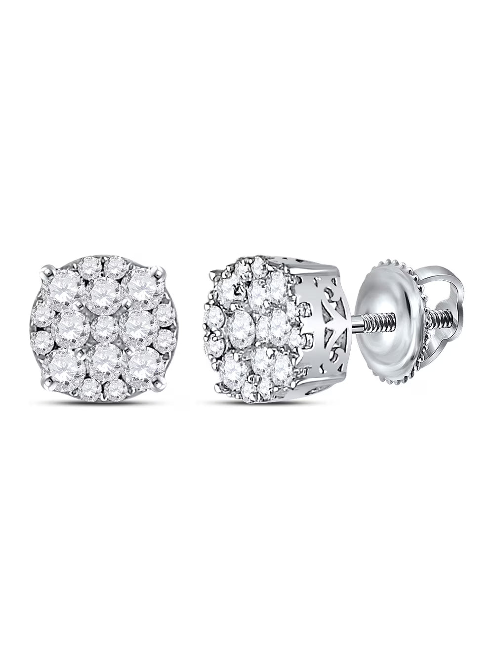 14kt White Gold Round Diamond Cluster Stud Earrings 1/2 Cttw K6643