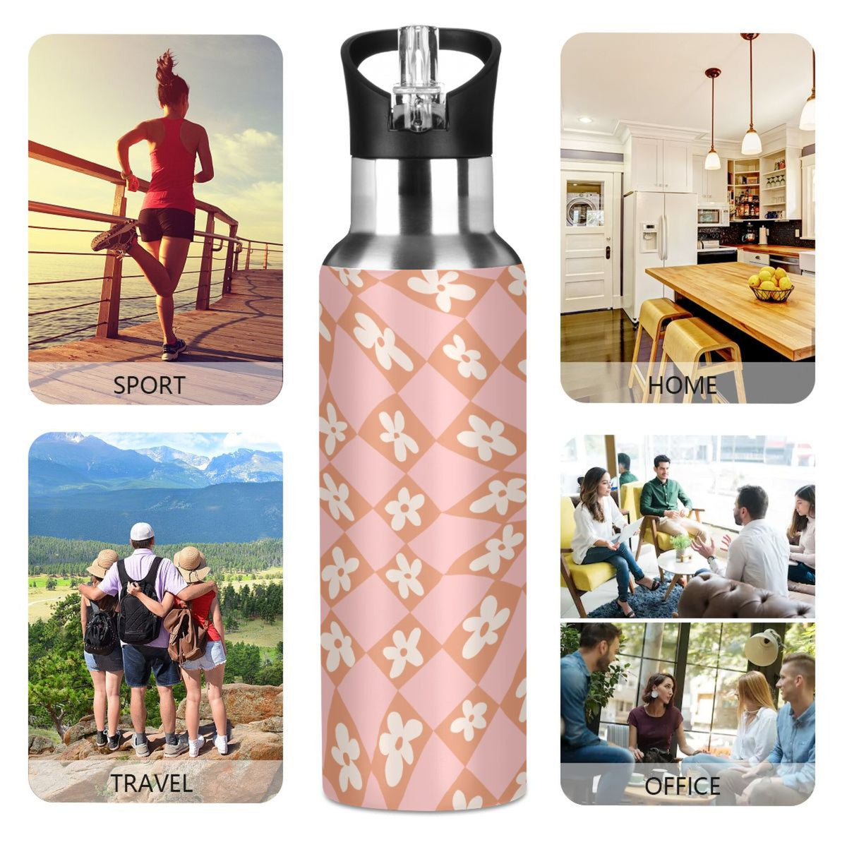 Pink-orange Lattice Flower Stainless Steel Insulated Vacuum Flask M72113