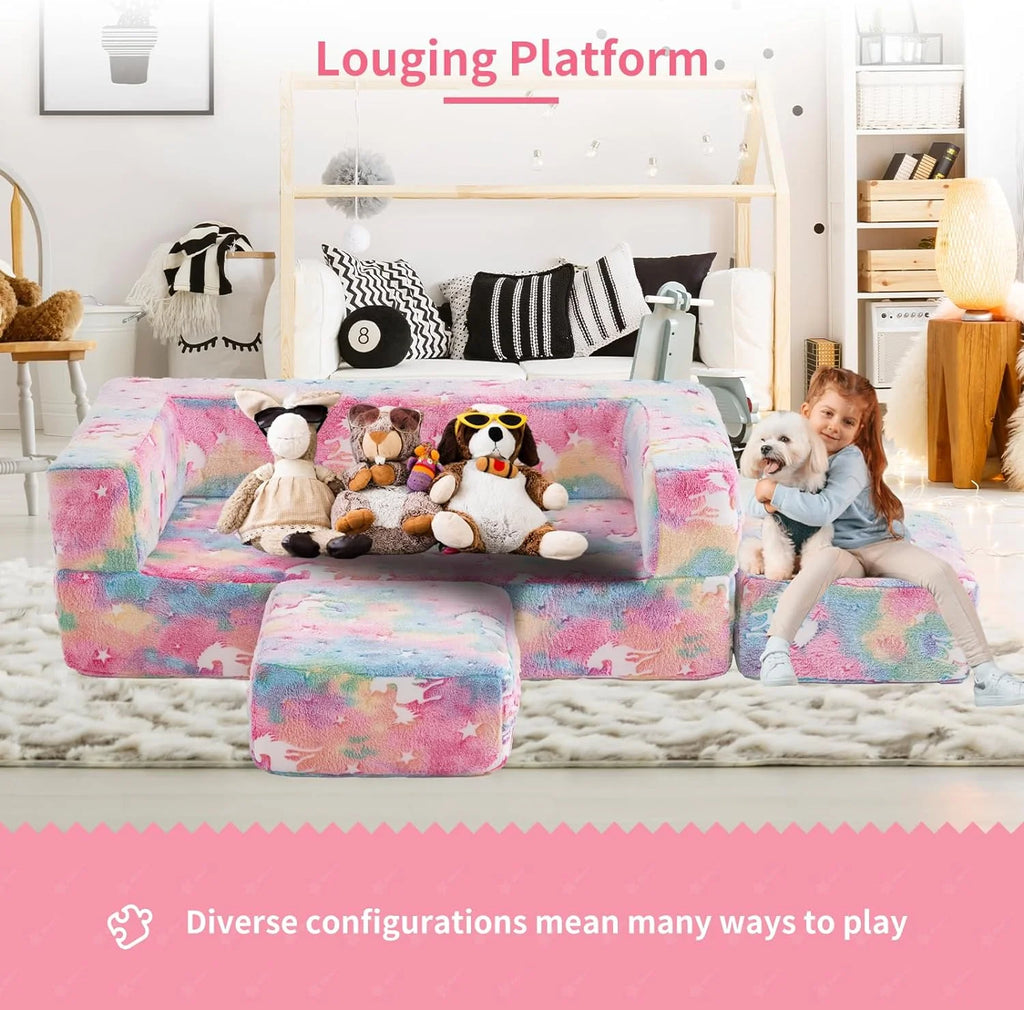 Kids Couch with Two Ottoman, Modular Foldable Loveseat W8526