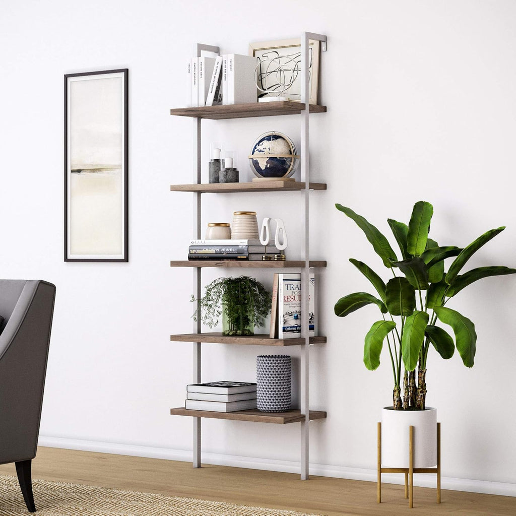 6-Shelf Tall Bookcase with Reclaimed Wood and Industrial Metal Frame, Oak/Black J6688