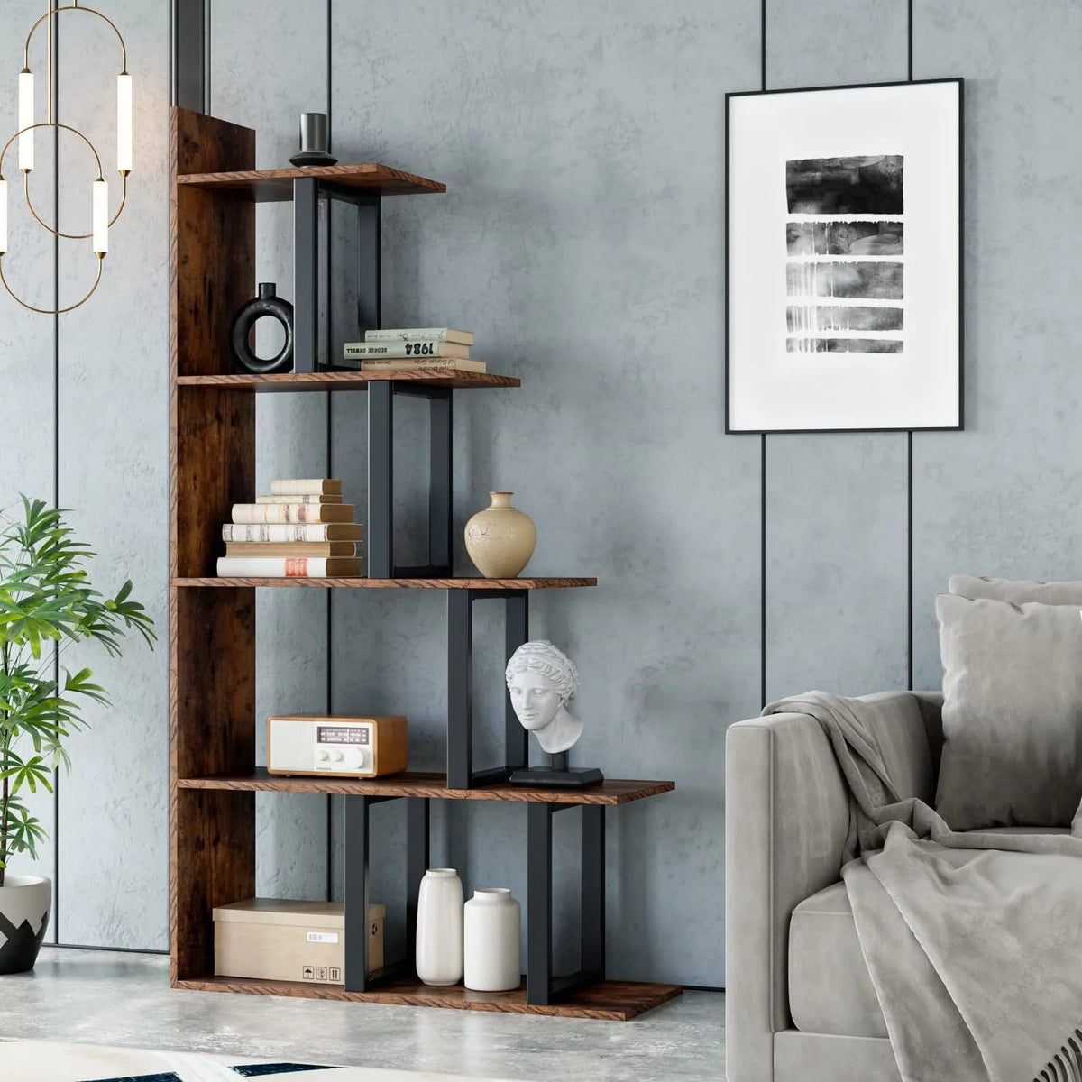 5 Tier Wooden Bookshelf with Metal Frame W53315