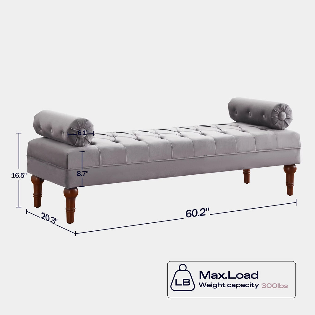 60.2 Inch Grey Tufted Upholstered Bench with 2 Pillows Q163622