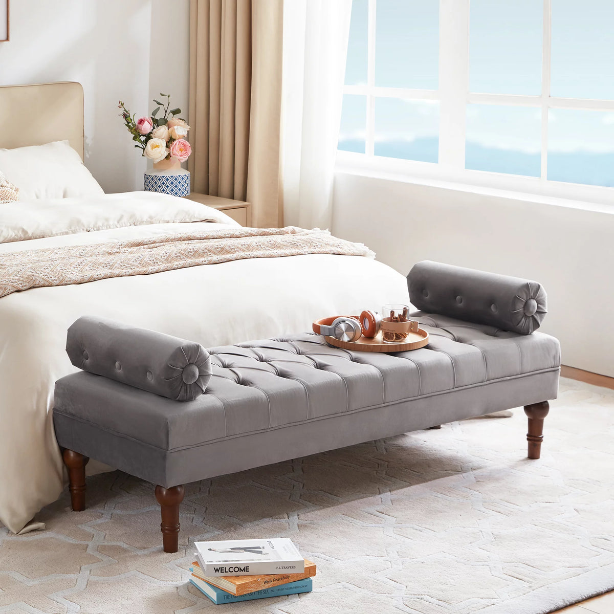 60.2 Inch Grey Tufted Upholstered Bench with 2 Pillows Q163622