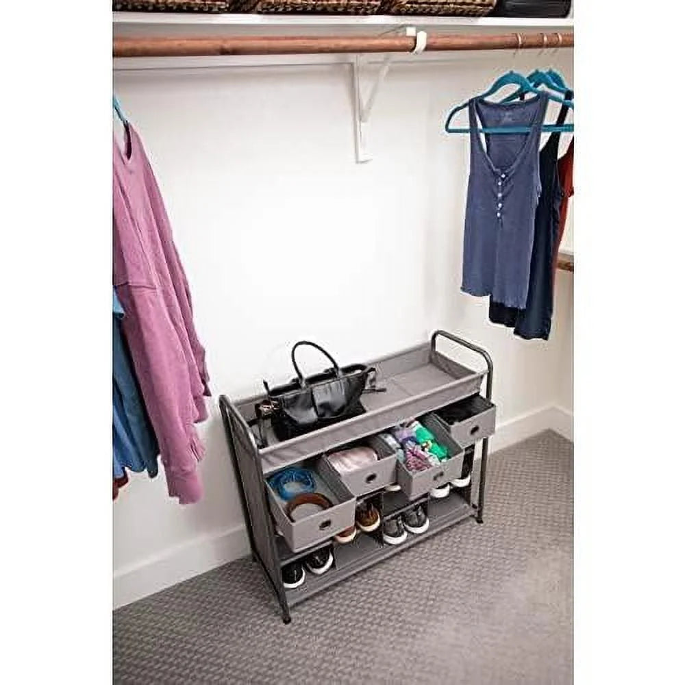 Grey 16 Cubby Shoe Rack Organizer with 4 Drawers B594