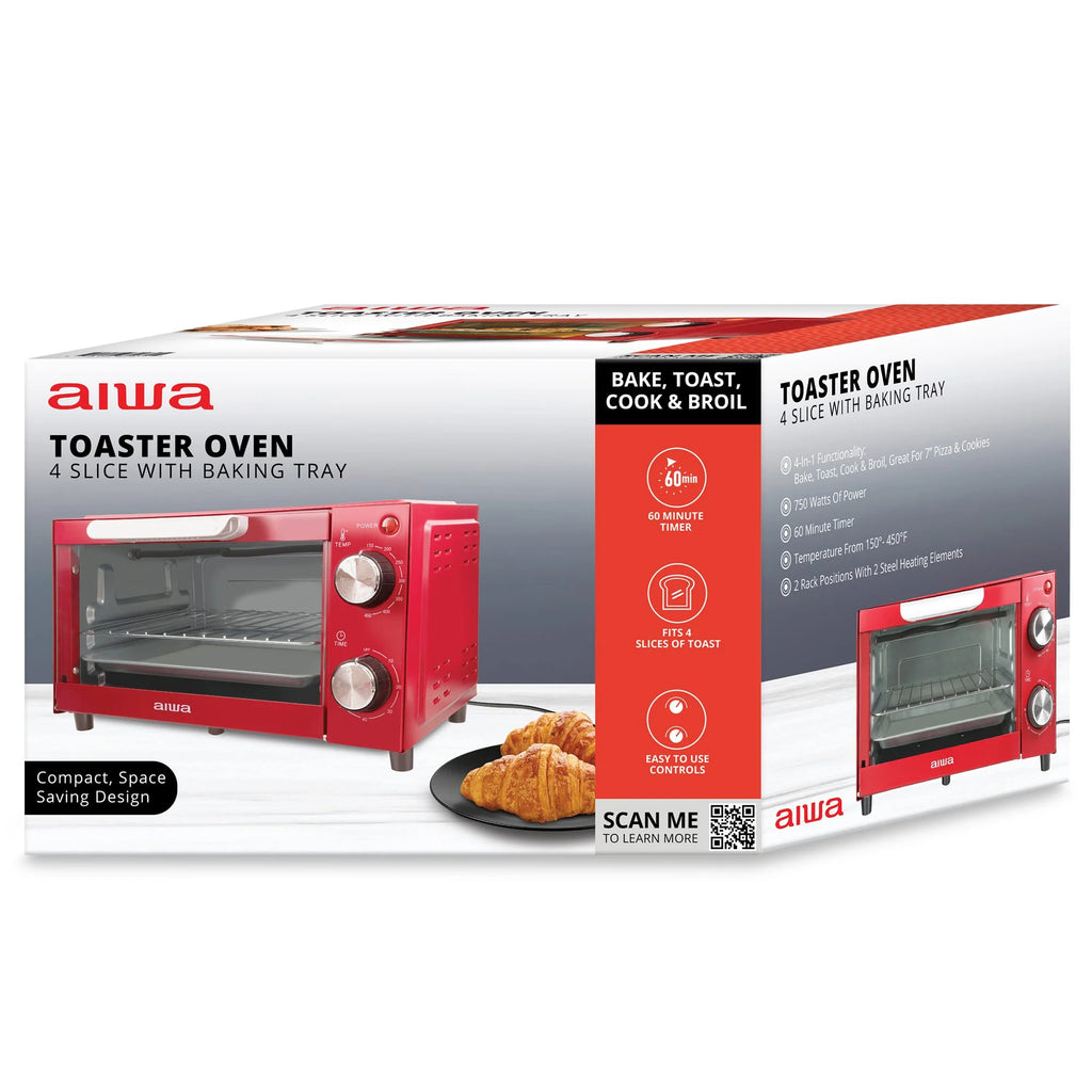 750W Red 4 Slice Toaster Oven with Baking Tray V24357