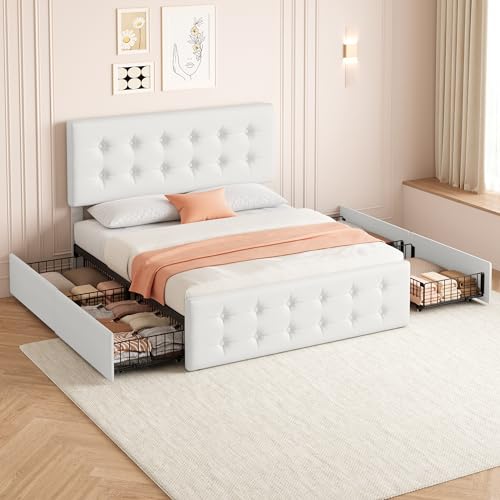 Black Queen Size Faux Leather Upholstered Platform Bed Frame with 4 Storage Drawers and Headboard I191931