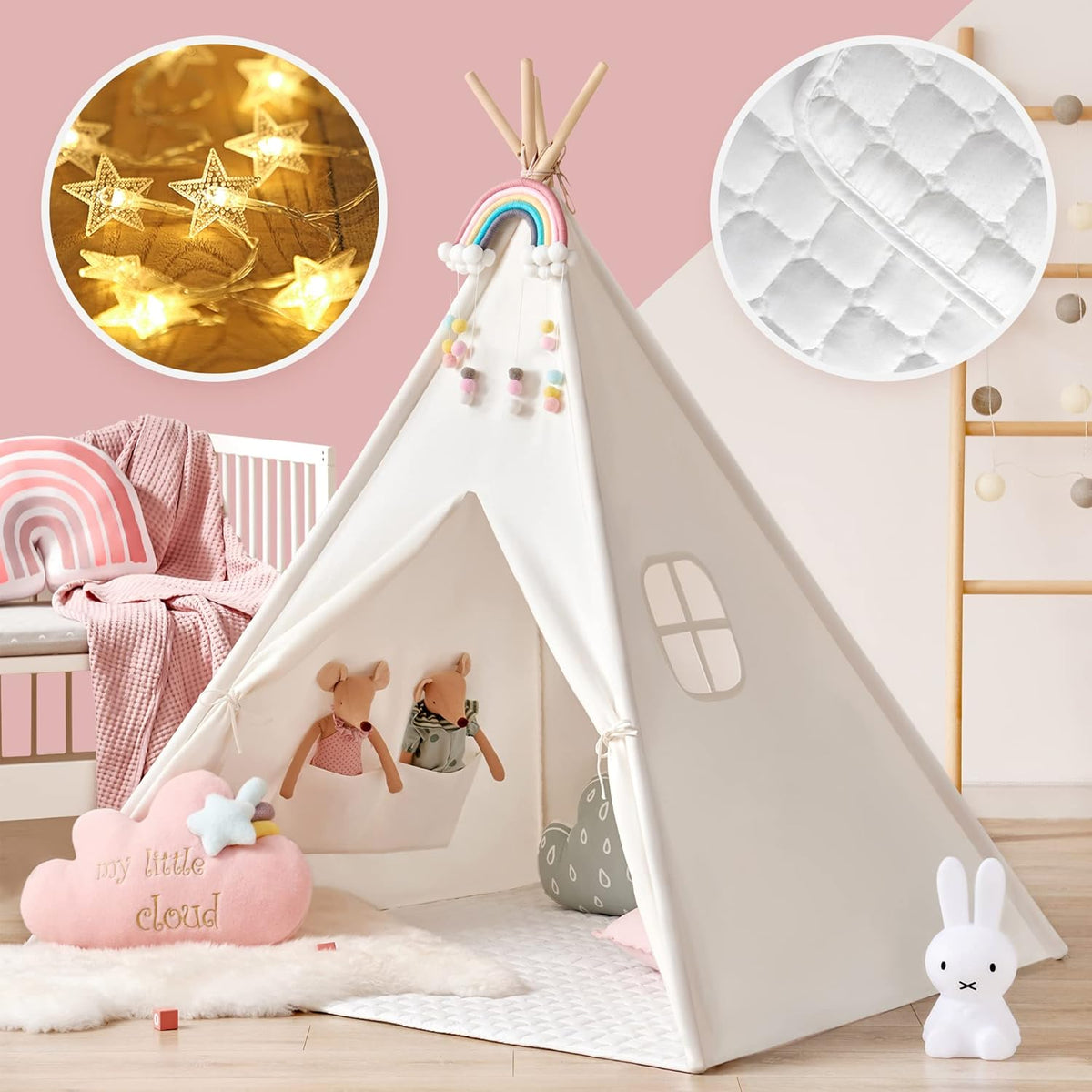 White Canvas Kids Teepee Tent with Padded Mat & Carry Case H852