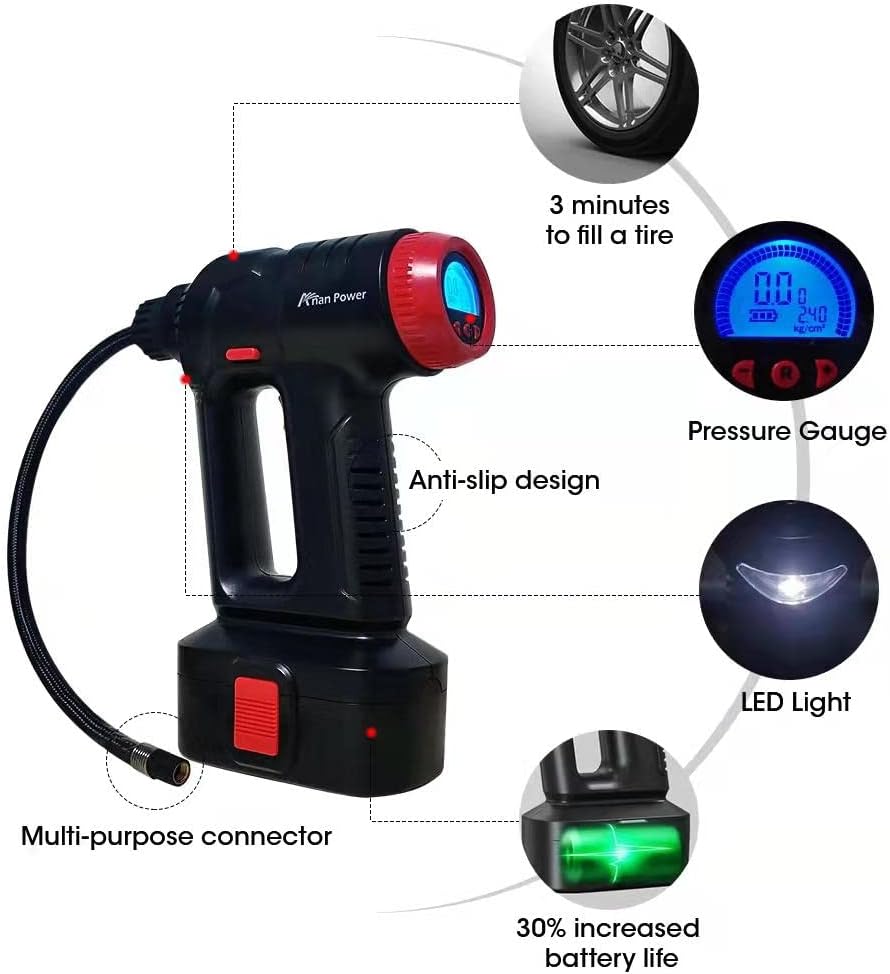 12V Cordless Car Tire Pump with Digital Pressure Gauge, LED Light, Rechargeable Battery Pack, Pack of 2 D28053