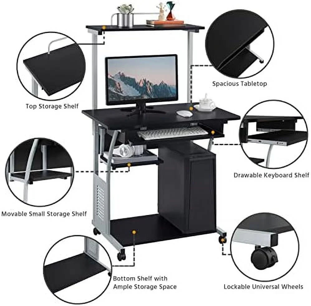 Black 3 Tier Computer Desk with Printer Shelf and Keyboard Tray I78109
