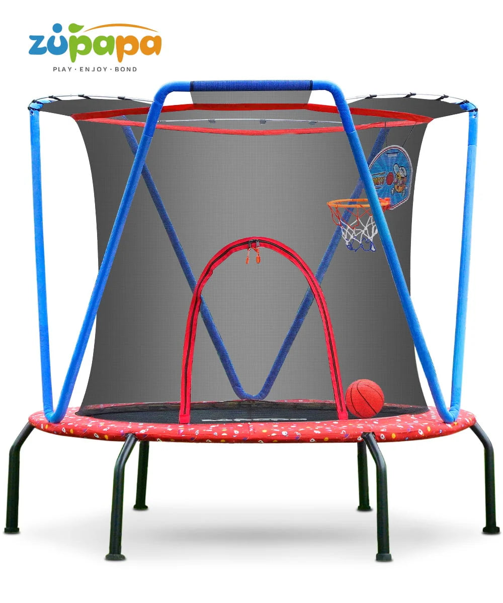 66 Kids Trampoline with Basketball Hoop and Safety Enclosure Net T44190
