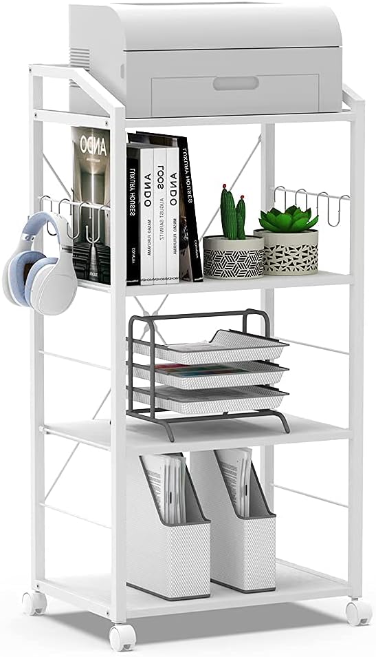 4-Tier Mobile Printer Stand Utility Cart Wooden Adjustable Shelves with 8 Hooks Caster Wheels C587735