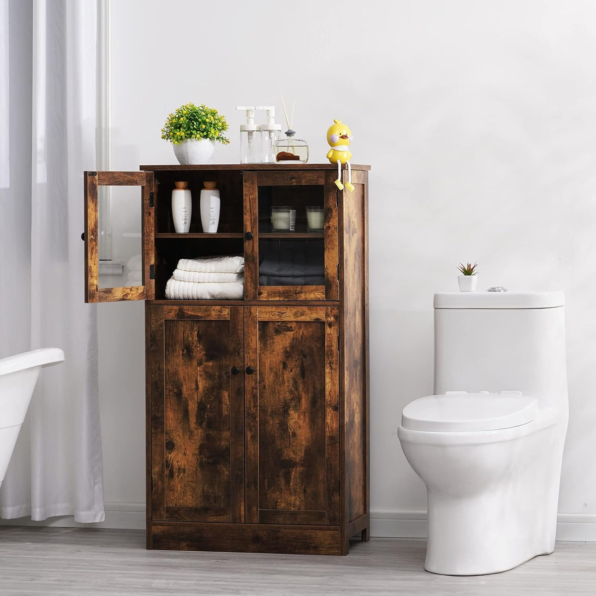 Rustic Brown Freestanding Bathroom Floor Storage Cabinet with Glass Door and Adjustable Shelf N31442
