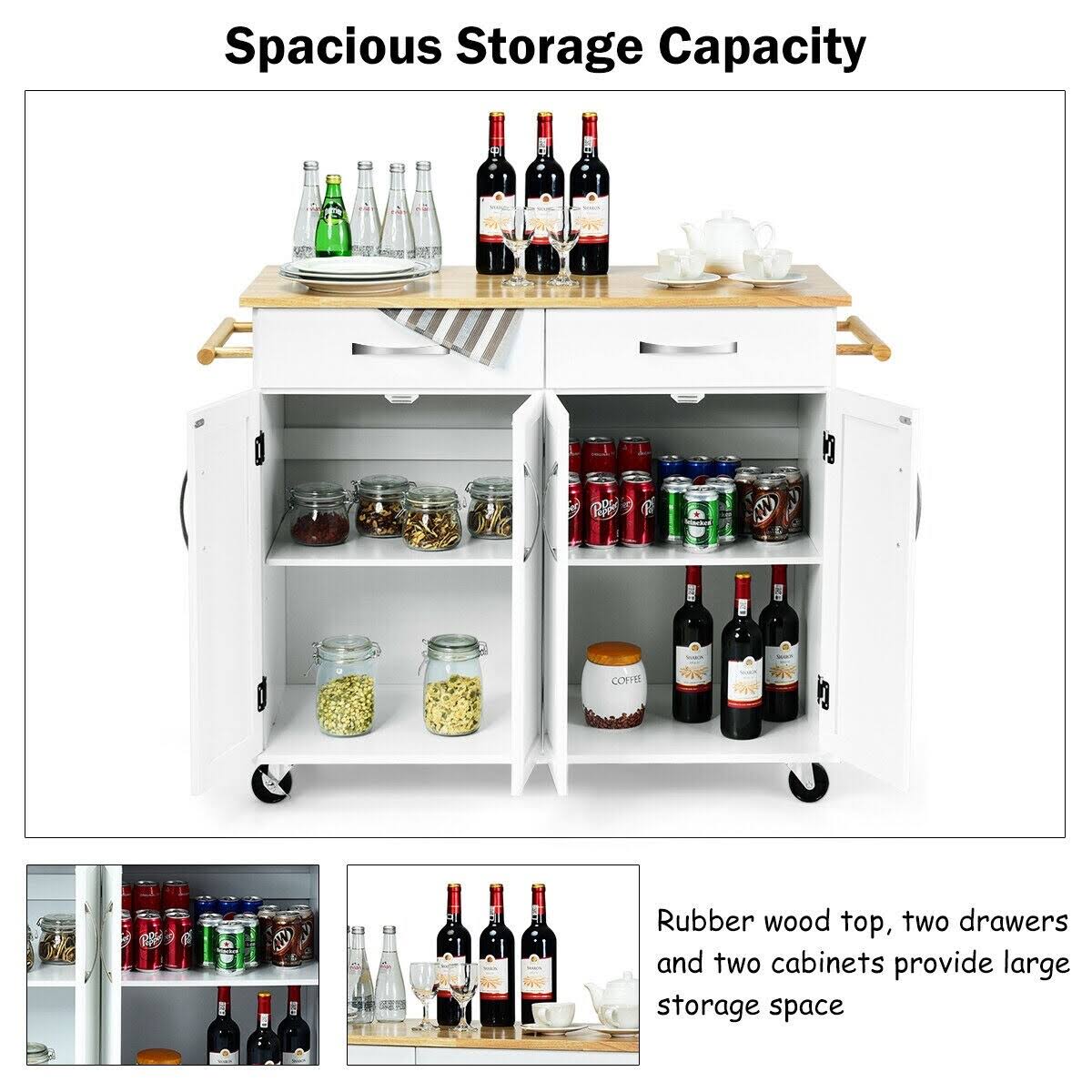 White Wood Top Rolling Kitchen Utility Cart D869
