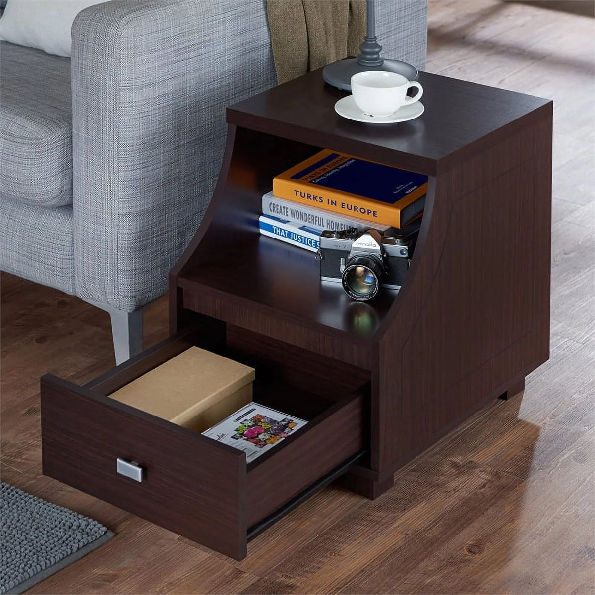 Walnut Wood Storage End Table Set of 2 Q263