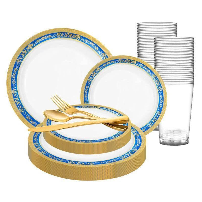 60 Settings White Blue Gold Royal Rim Plastic Wedding Value Set X782637