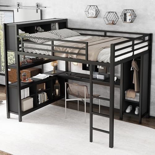 Queen Size Black Metal Loft Bed with Desk and Wardrobe H114353