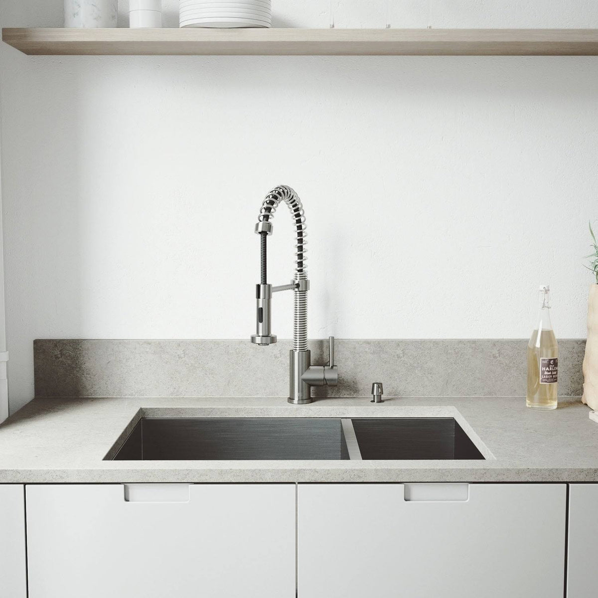 Undermount Stainless Steel Kitchen Sink with Faucet, Grid, Two Strainers and Dispenser W387
