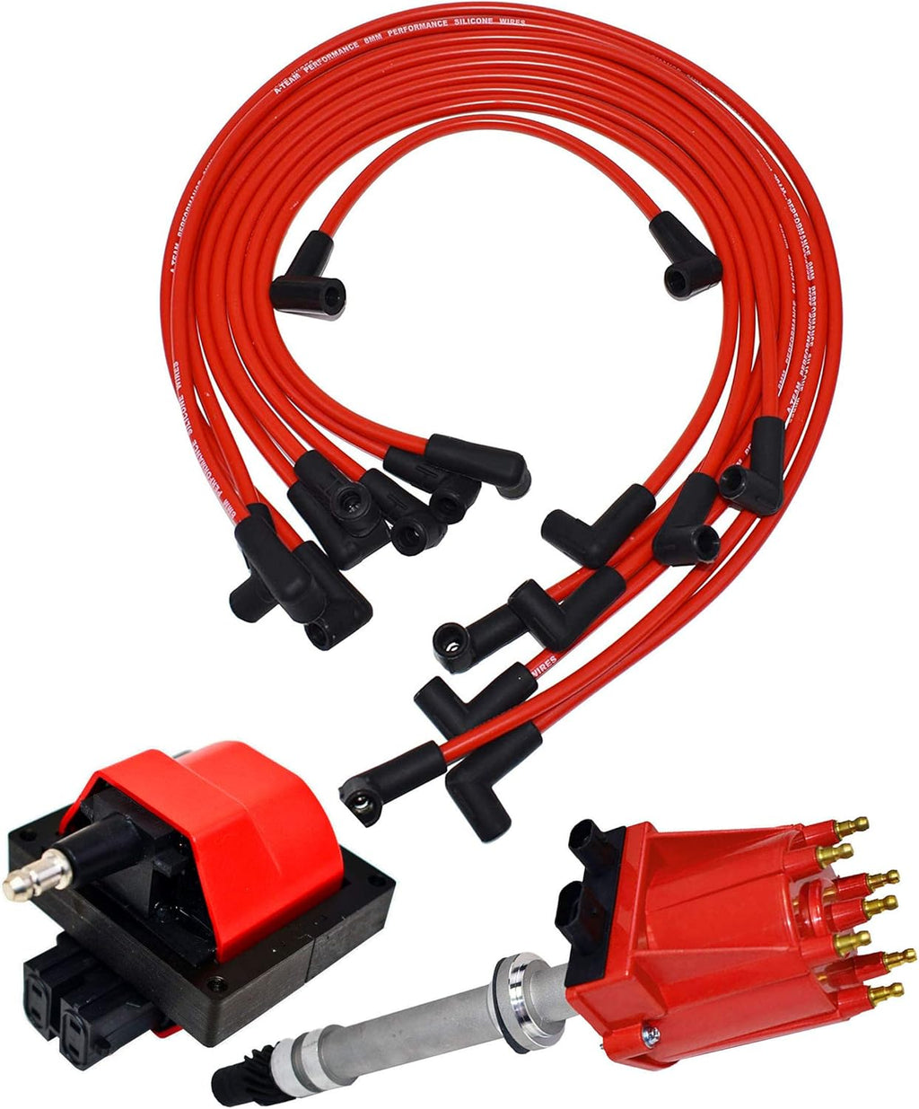 8mm Spark Plug Wires and E-Core Ignition Coil for SBC BBC GMC Chevrolet 5.7L Pickup Truck Van Camaro 305 350 Red Cap and Wires N66970