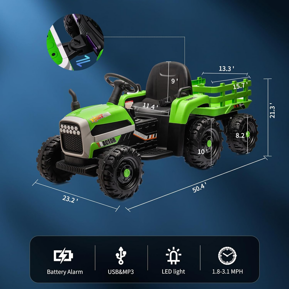 Green 12V 7AH Electric Tractor Ride on Car with Trailer J279608