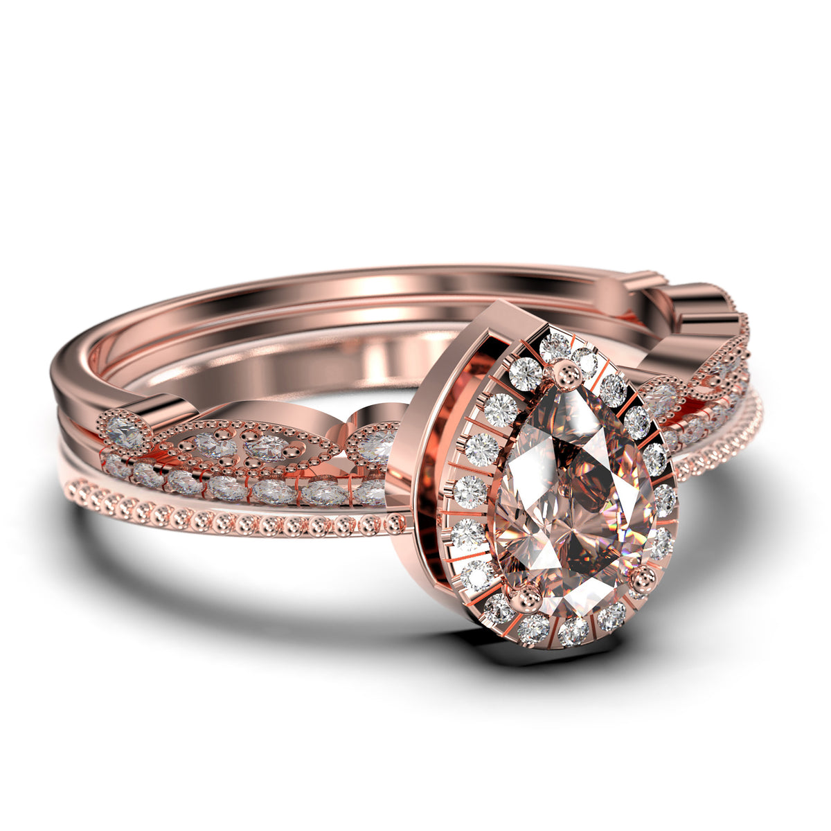 Vintage Pear Cut Morganite And Diamond Moissanite Engagement Ring Set in 925 Sterling Silver With 18k White Gold Plating N6698