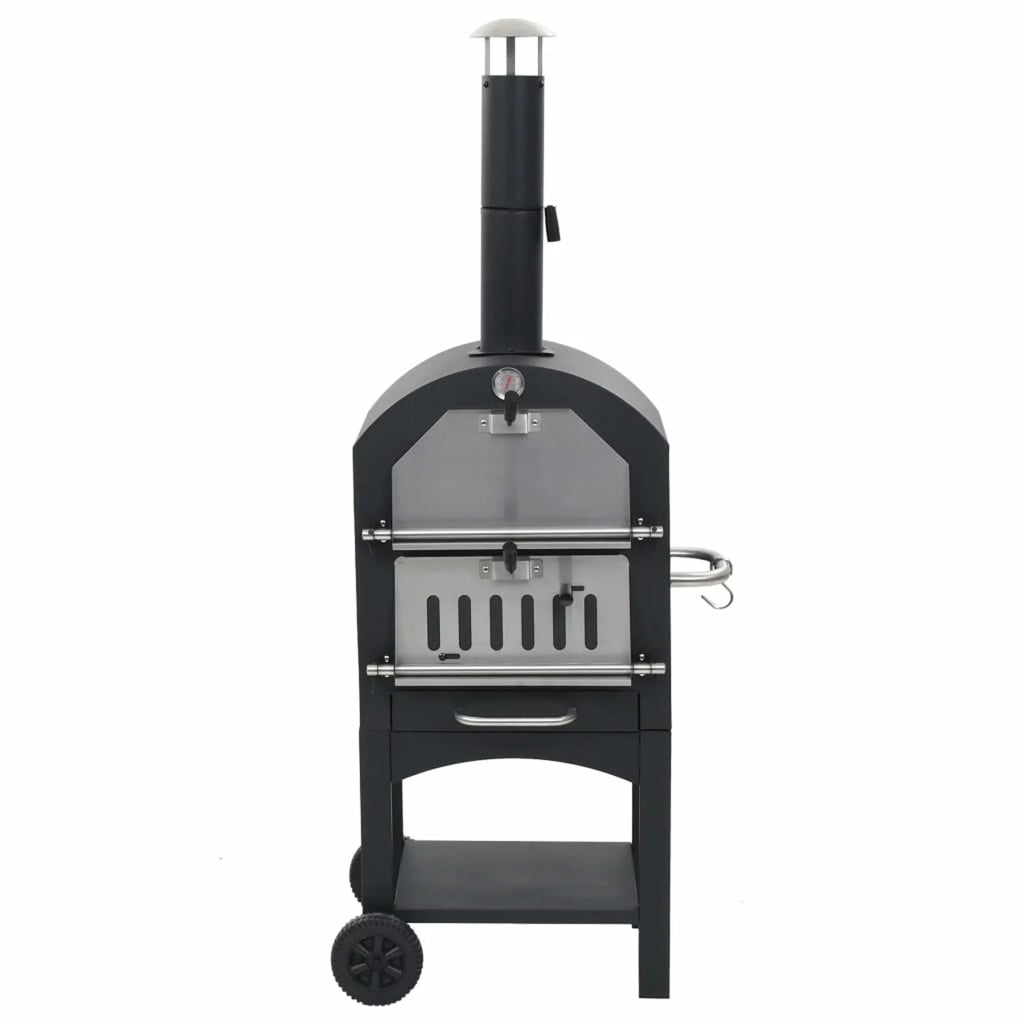 Charcoal Fired BBQ Grill Pizza Oven with Bottom Shelf and Fire Tray Wheeled Steel P9125