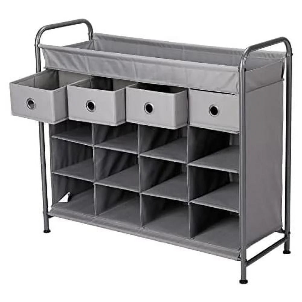 Grey 16 Cubby Shoe Rack Organizer with 4 Drawers B594