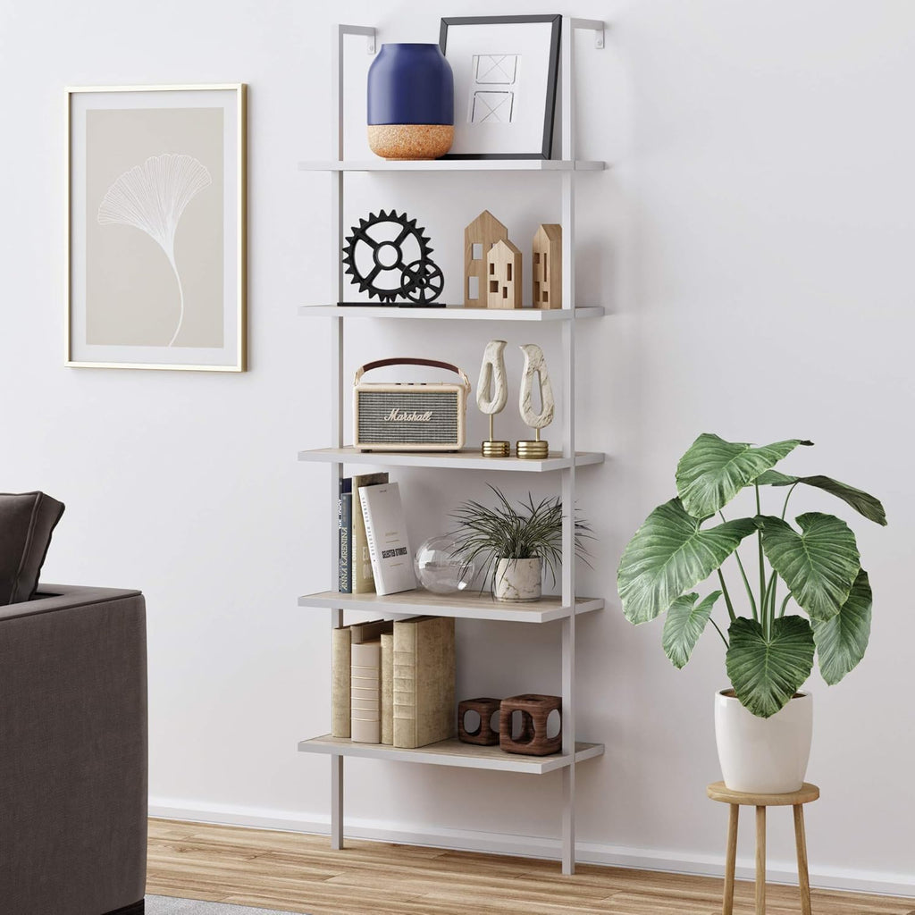 6-Shelf Tall Bookcase with Reclaimed Wood and Industrial Metal Frame, Oak/Black J6688