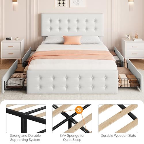 Black Queen Size Faux Leather Upholstered Platform Bed Frame with 4 Storage Drawers and Headboard I191931
